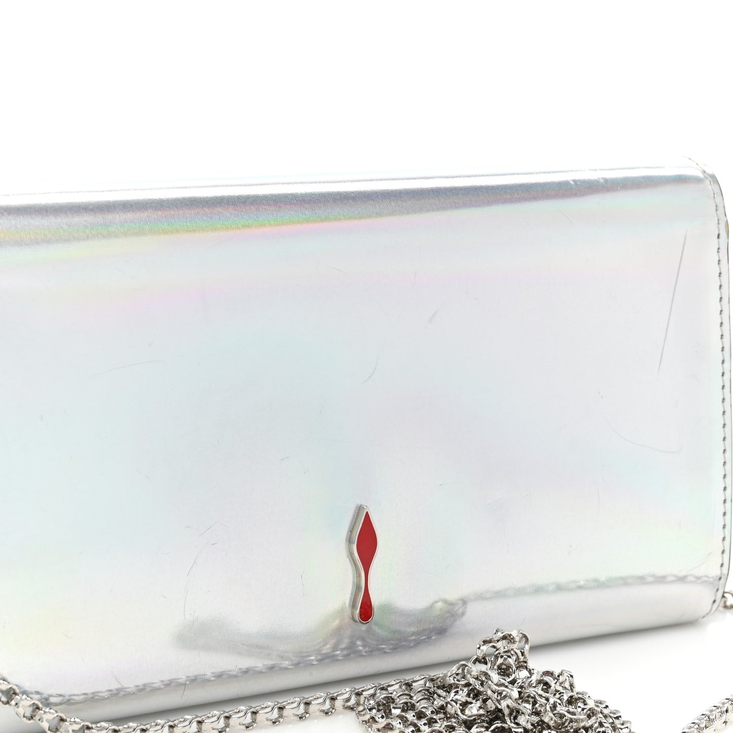 Metallic Patent Calfskin Spikes Boudoir Chain Wallet Silver