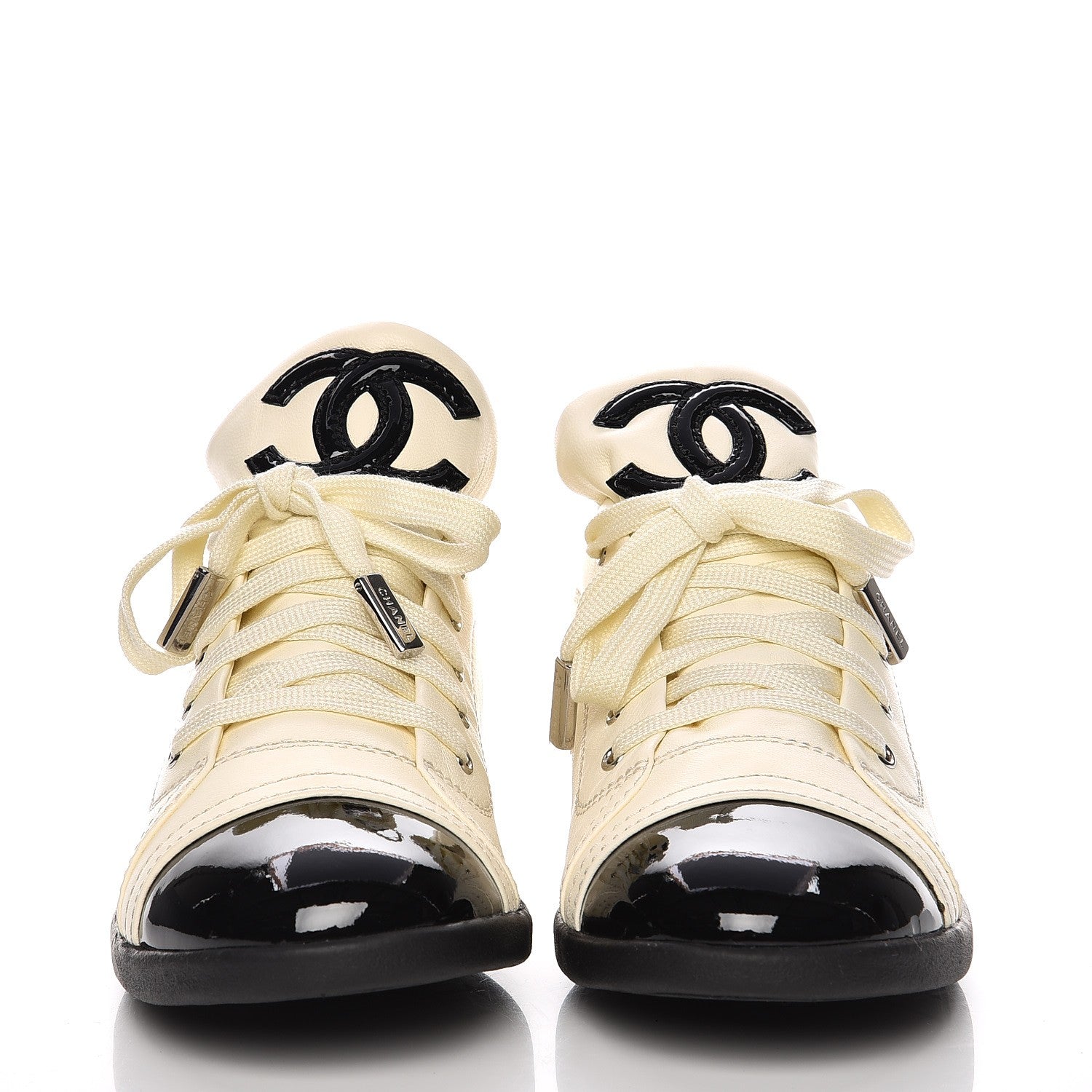 Chanel Lambskin Patent Cap Toe CC Sneakers 38 White Black 4 of 12