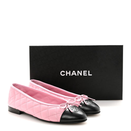 Chanel Lambskin Quilted CC Cap Toe Ballerina Flats 37.5 Pink Black 10 of 10