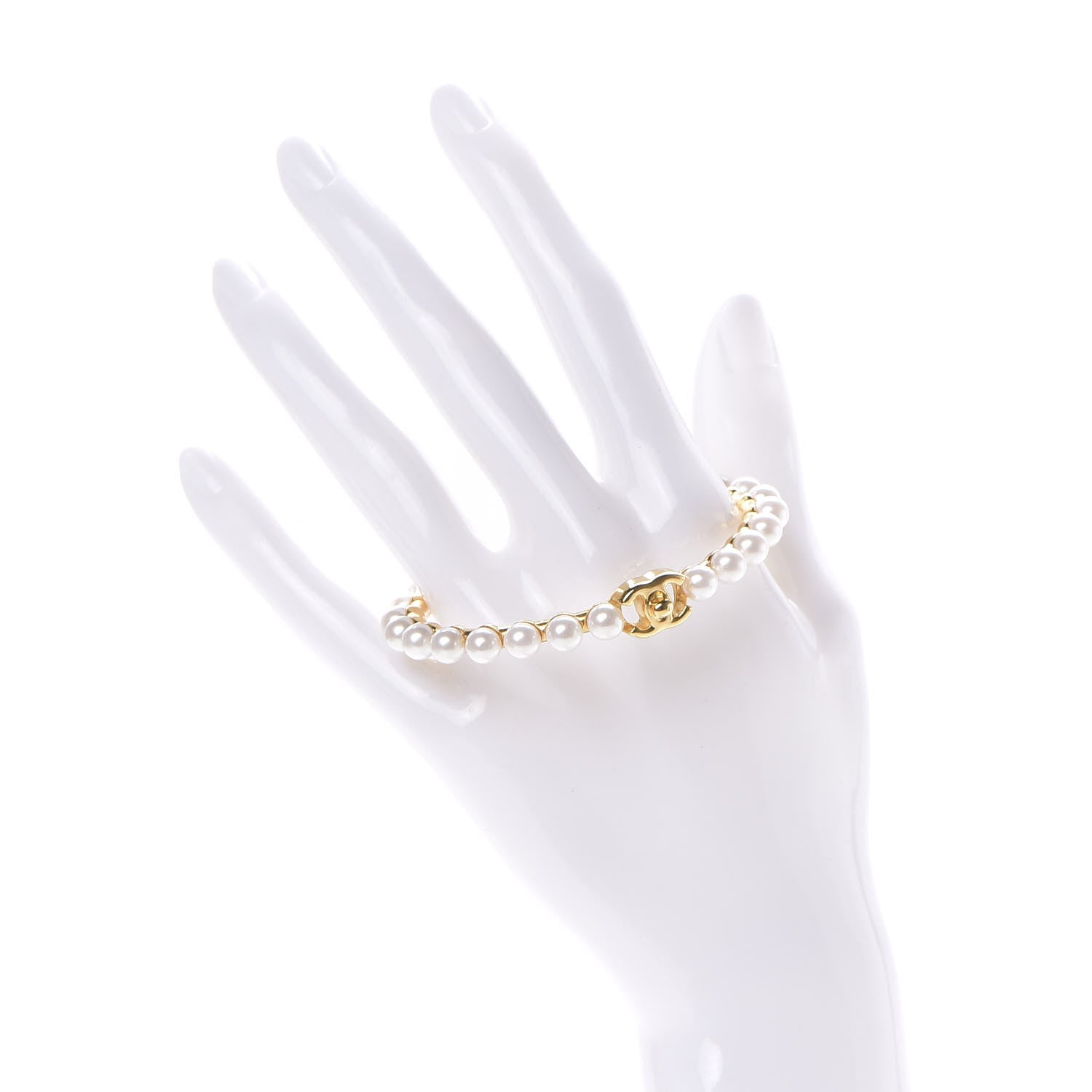 Chanel Pearl CC Cuff Bracelet M Gold Pearly White 2 of 7