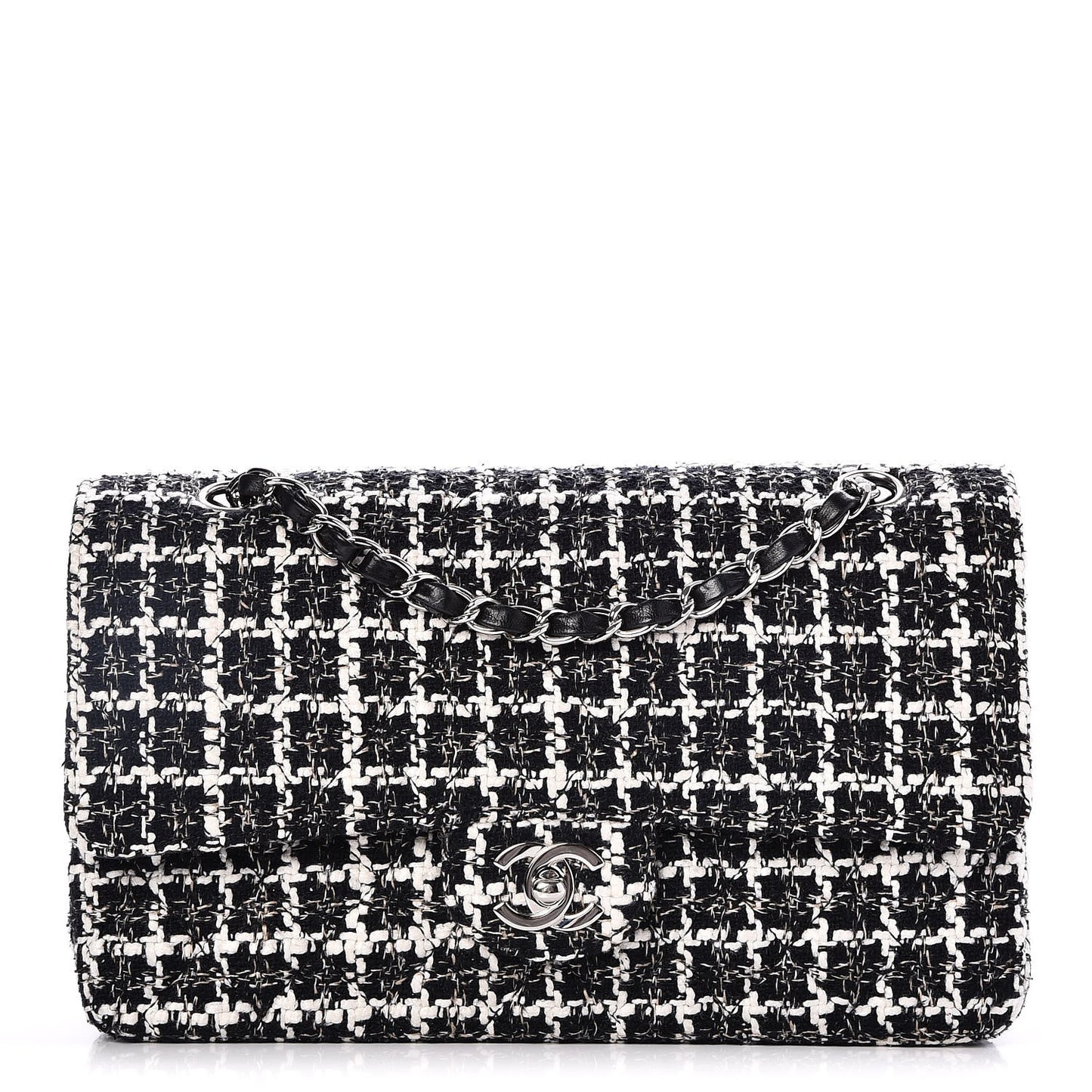 Tweed Quilted Medium Double Flap Black White