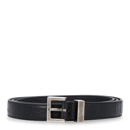 Saint Laurent Calfskin Crocodile Embossed Monogram Passant Buckle Belt 95 38 Black 1 of 10