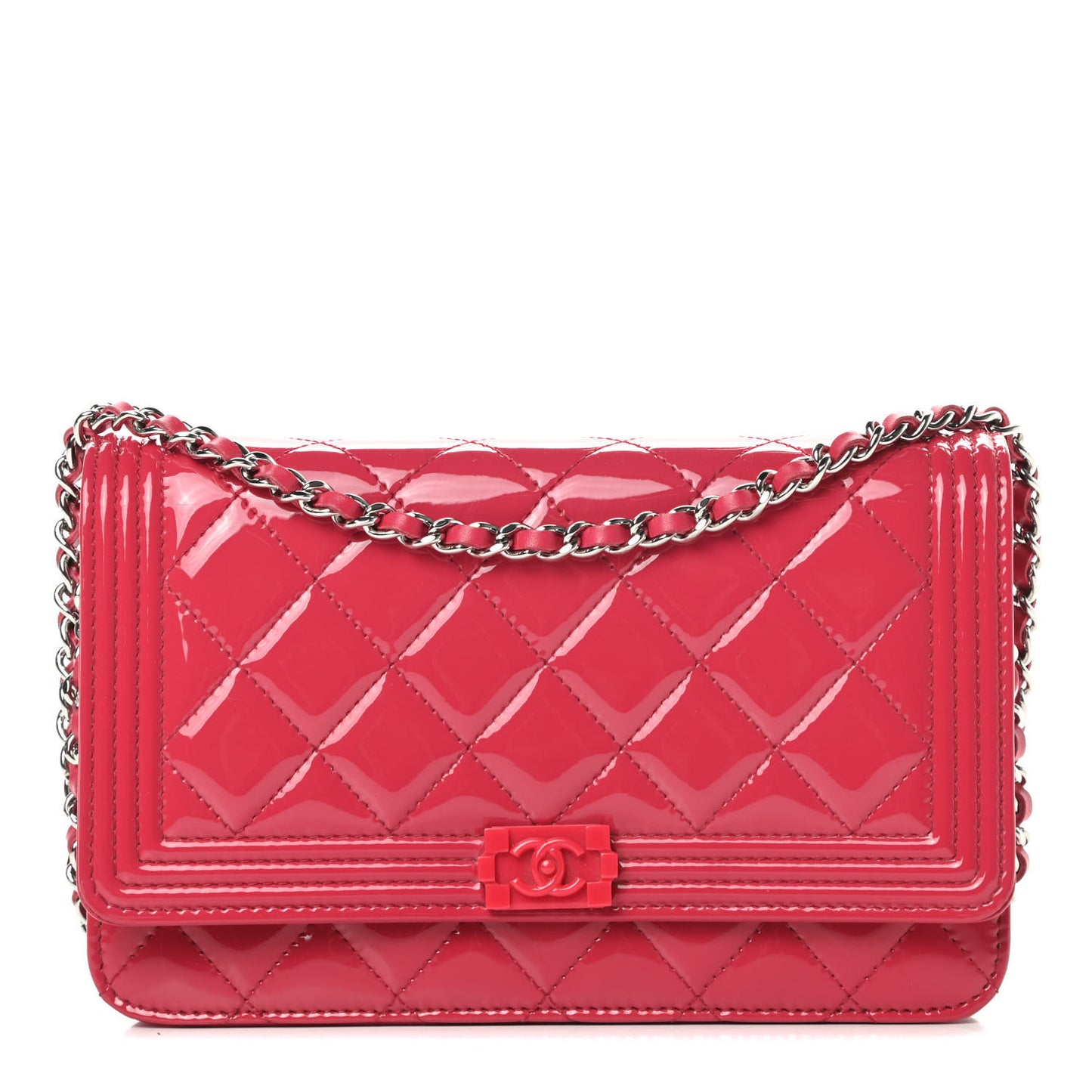 Patent Calfskin Quilted Boy Wallet On Chain WOC Pink