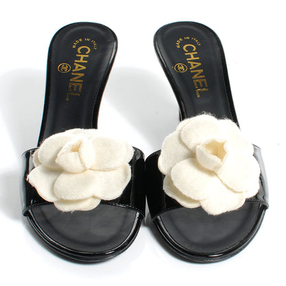 Chanel Patent Leather Camellia Mules 37.5 Black Ivory 2 of 6