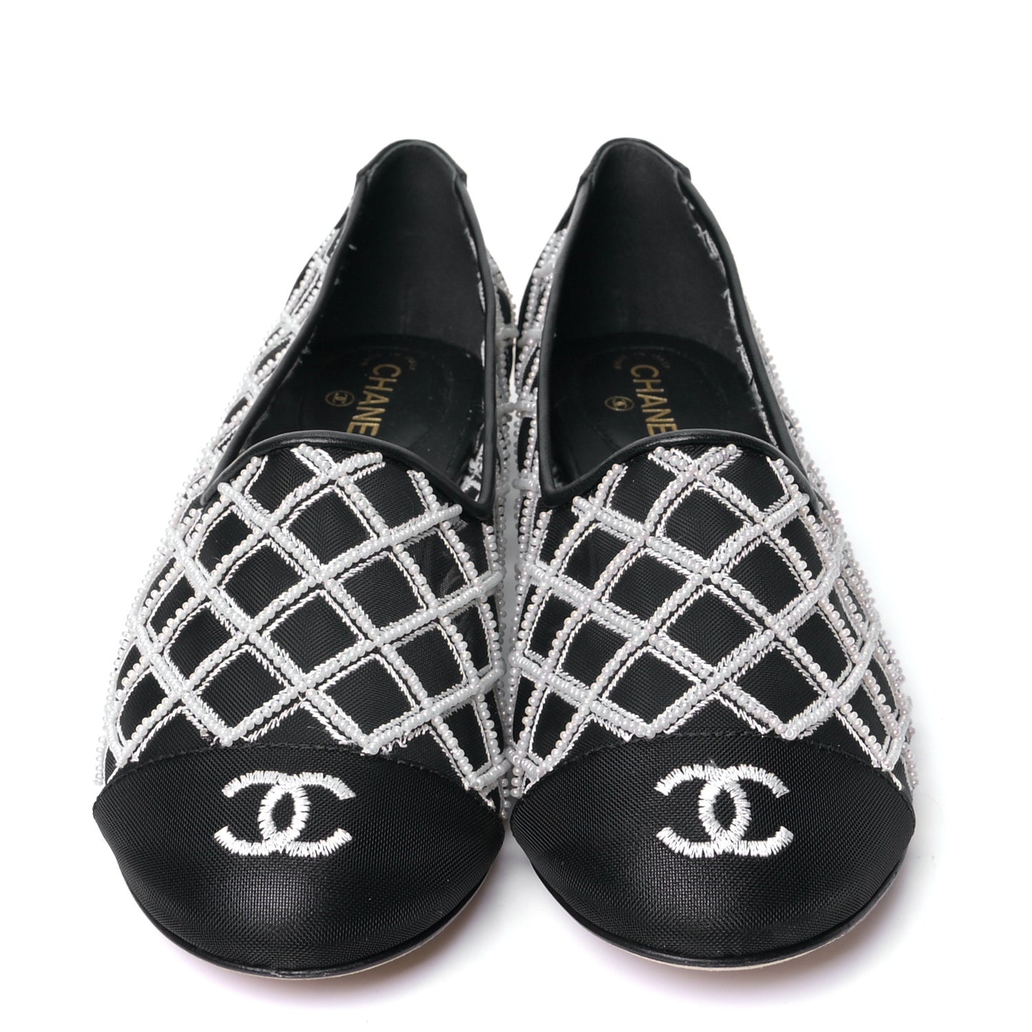 Mesh Pearl Grosgrain Cap Toe CC Loafers 36.5 Black Ivory