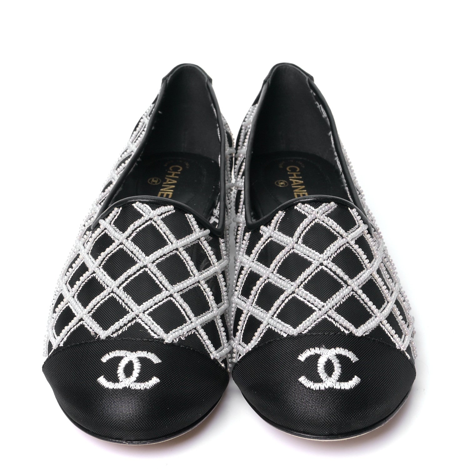 Chanel Mesh Pearl Grosgrain Cap Toe CC Loafers 36.5 Black Ivory 2 of 10