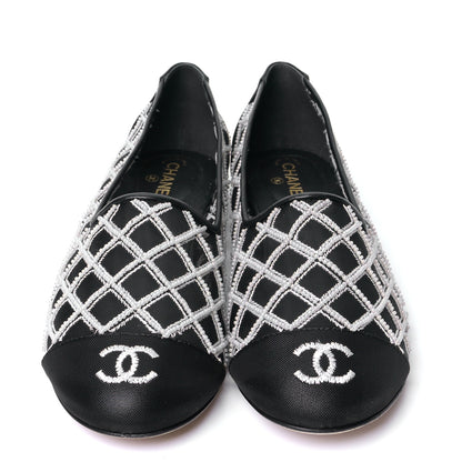 Chanel Mesh Pearl Grosgrain Cap Toe CC Loafers 36.5 Black Ivory 2 of 10