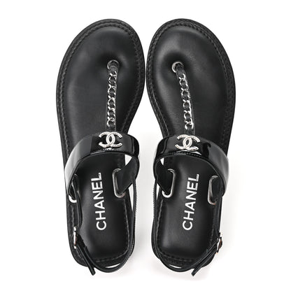 Chanel Calfskin Patent Chain CC Logo Thong Flat Sandals 39 Black 4 of 20
