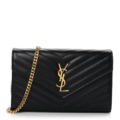 Saint Laurent Grain De Poudre Matelasse Chevron Monogram Chain Wallet Black 1 of 8
