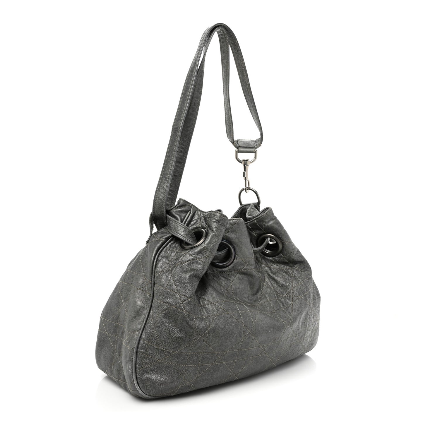 Metallic Lambskin Cannage Drawstring Bag Grey