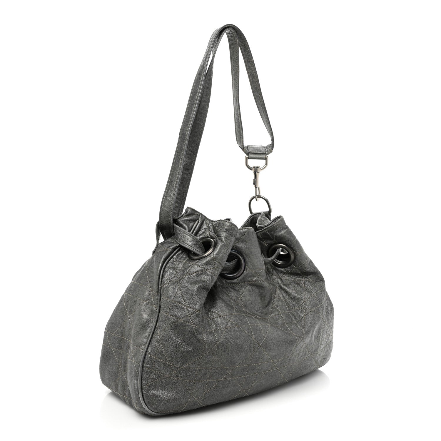 Christian Dior Metallic Lambskin Cannage Drawstring Bag Grey 3 of 21
