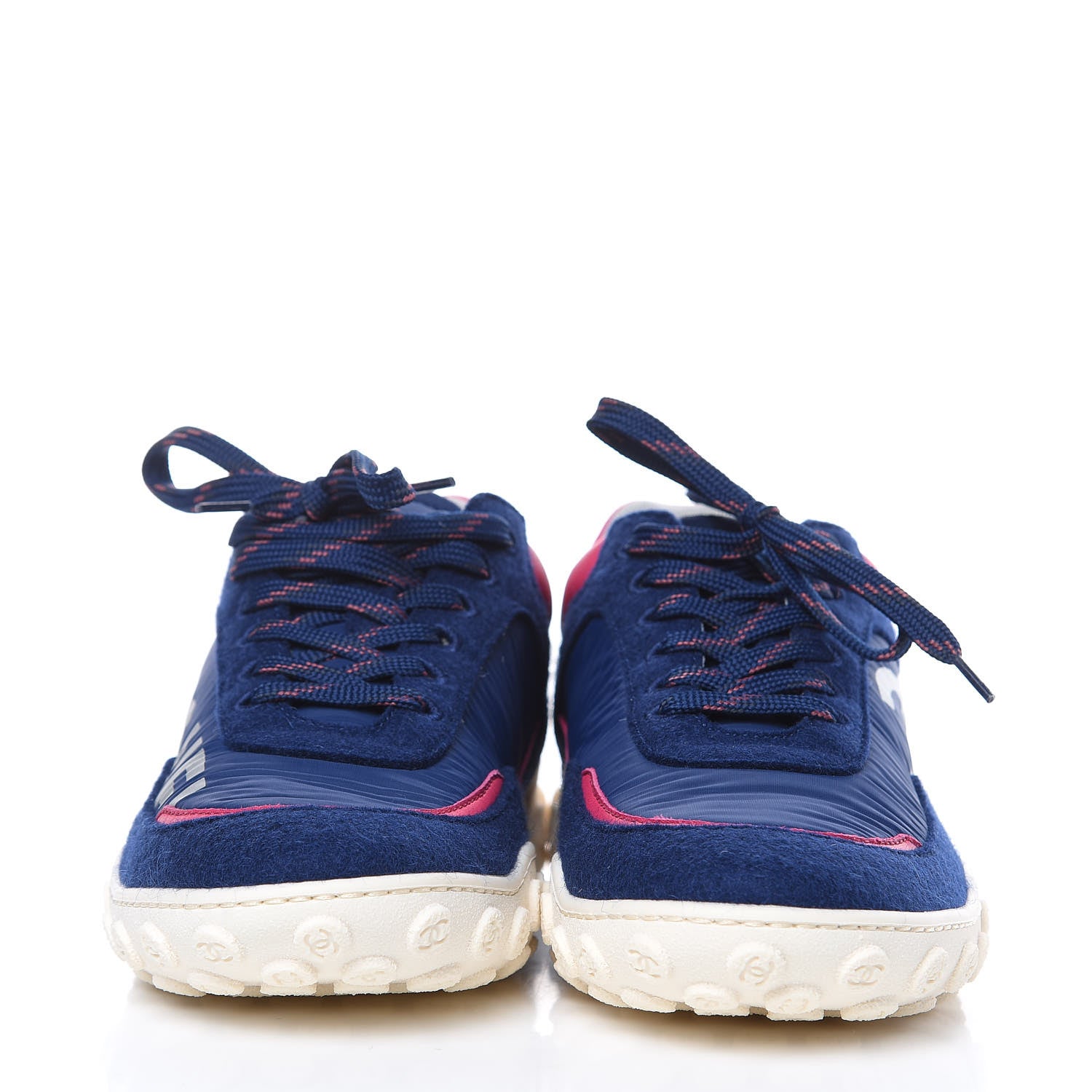 Chanel Wool Nylon Lambskin Suede Calfskin Womens Logo Sneakers 35.5 Navy Pink 2 of 9