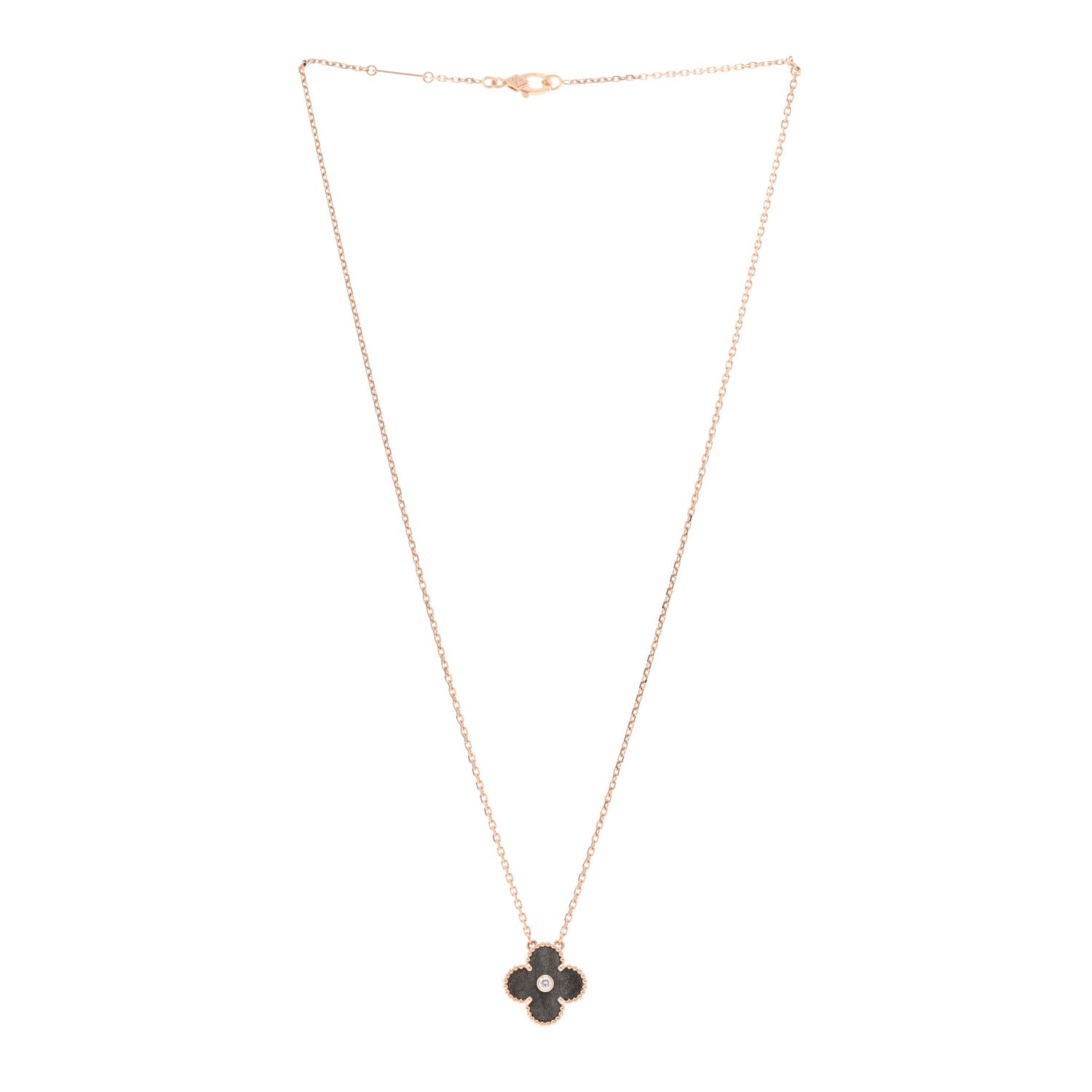 Van Cleef & Arpels 18K Rose Gold Diamond Silver Obsidian Vintage Alhambra Pendant Necklace 3 of 5