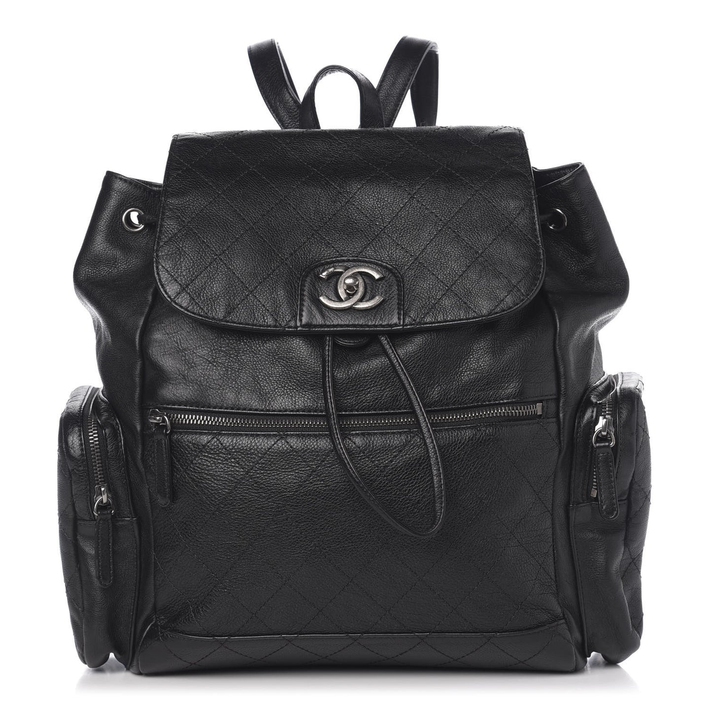 Grained Calfskin Stitched Pocket Backpack Black