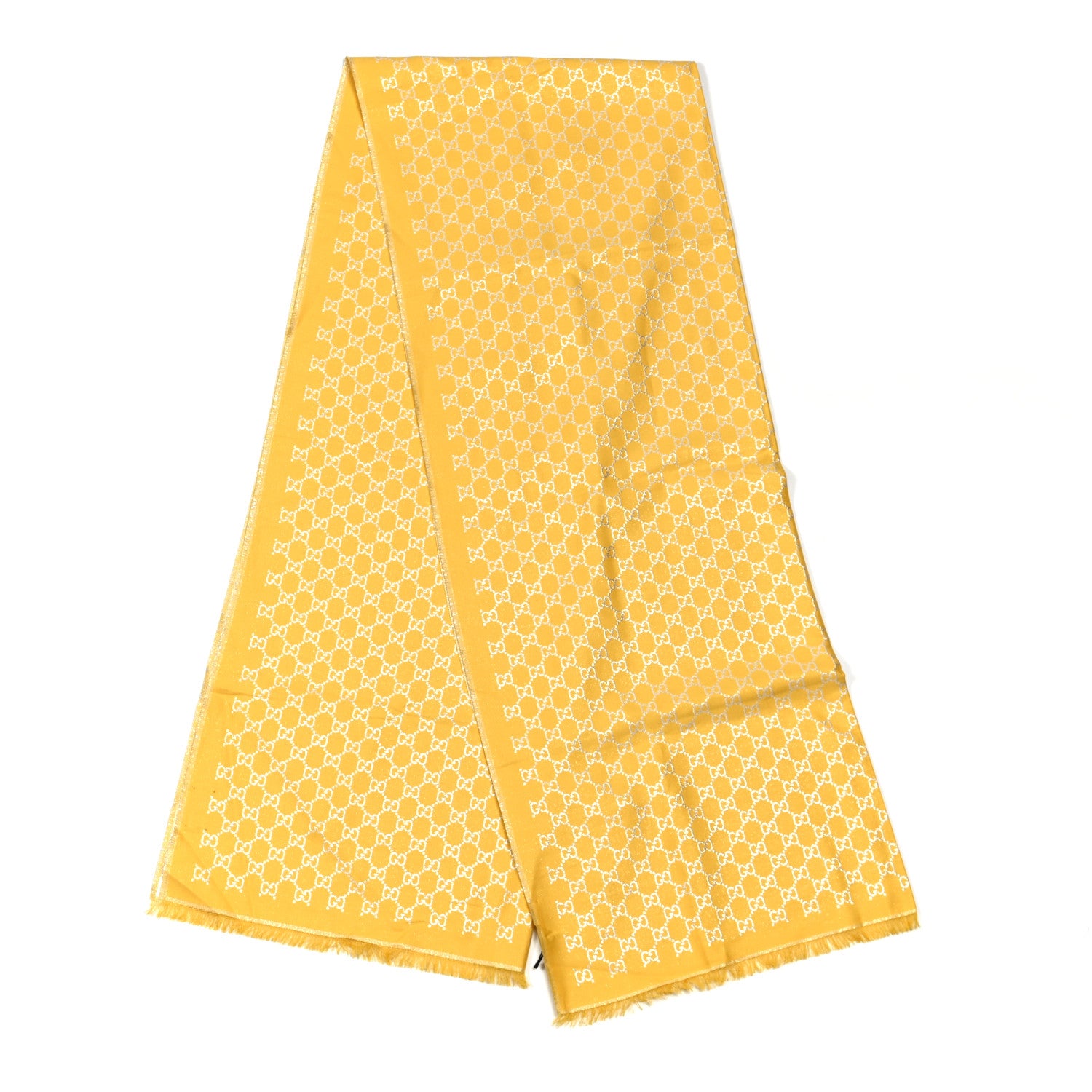 Gucci Cotton Lame GG Monogram Argentavio Fringe Scarf Lemon Light Grey 2 of 4