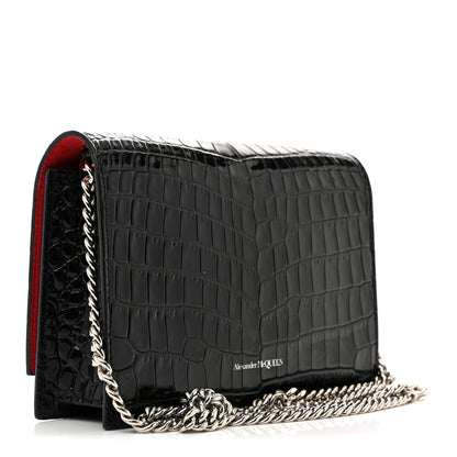 Alexander McQueen Calfskin Crocodile Embossed Skull Mini Crossbody Bag Black 3 of 12