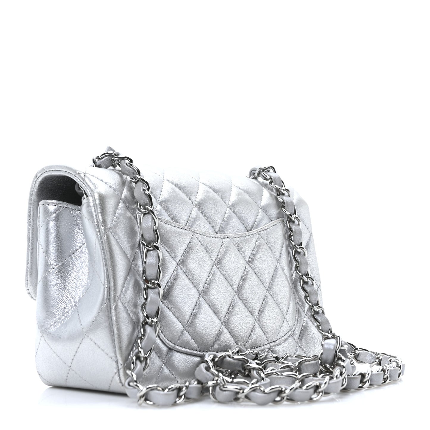 Metallic Lambskin Quilted Mini Rectangular Flap Silver