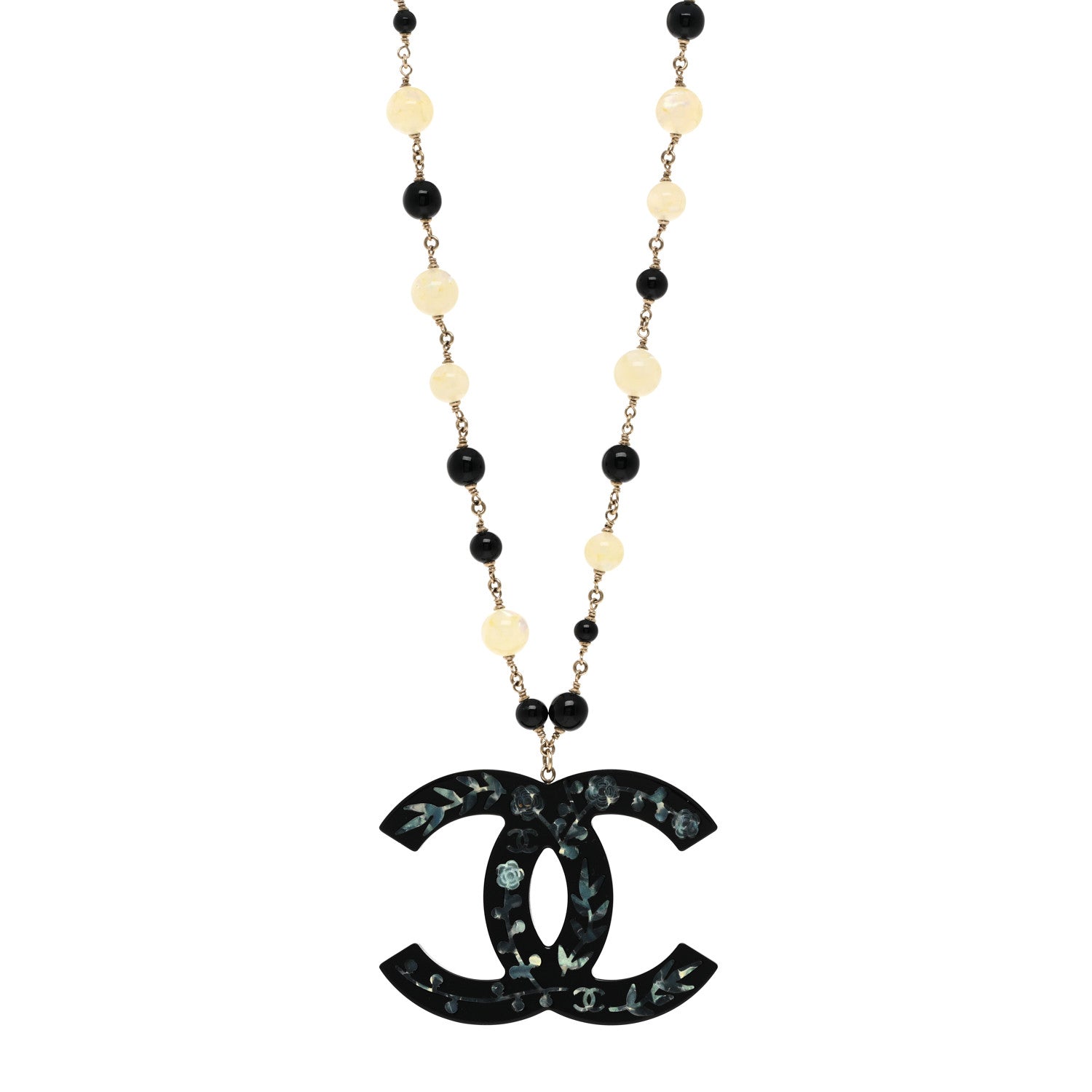 Chanel Beaded Mother of Pearl Oversized CC Necklace 1 of 8