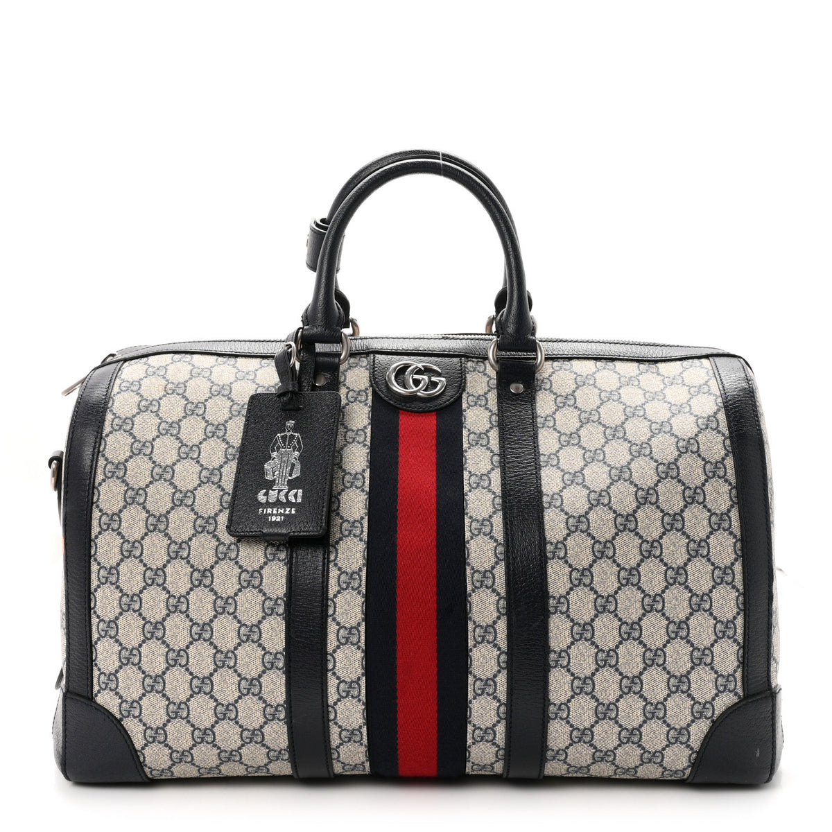 GG Supreme Monogram Textured Dollar Calfskin Web Medium Savoy Duffle Bag Beige Blue