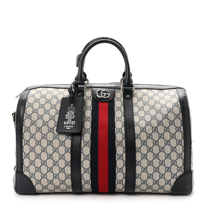 Gucci GG Supreme Monogram Textured Dollar Calfskin Web Medium Savoy Duffle Bag Beige Blue 1 of 10