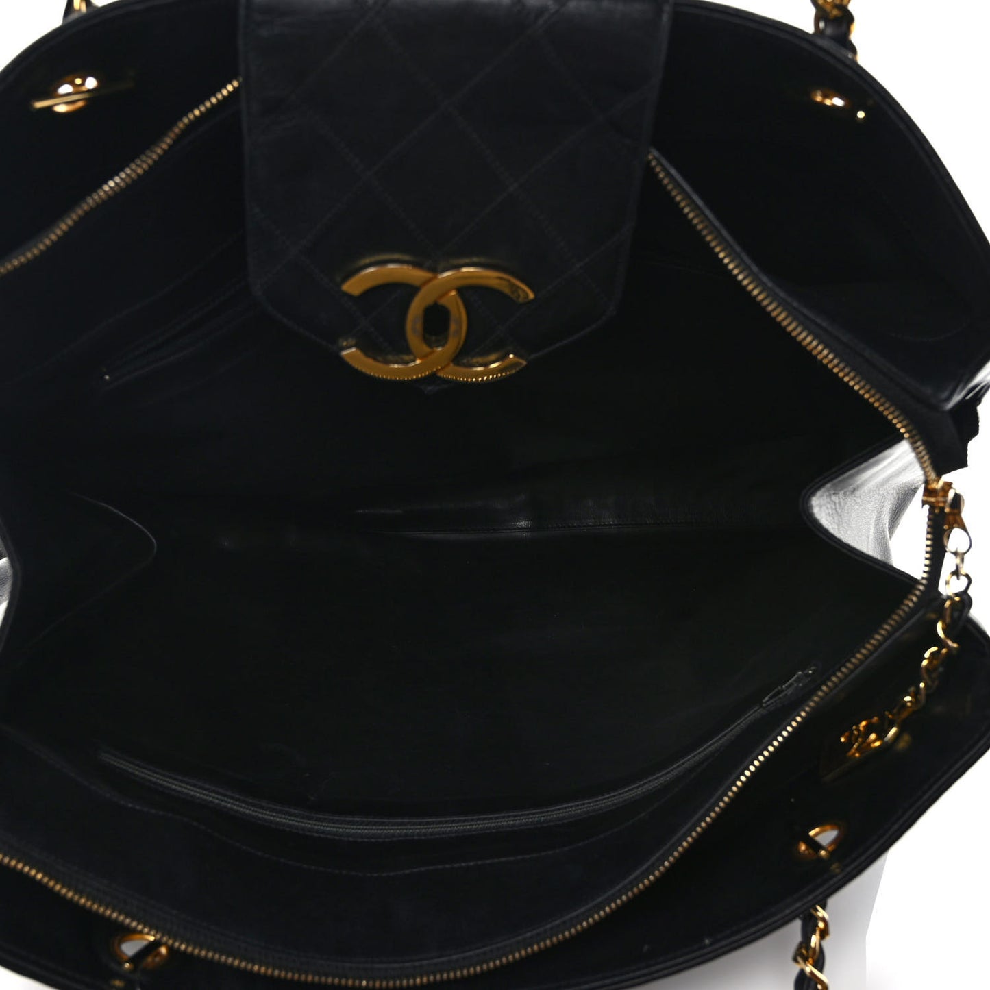 Canvas Lambskin Quilted Shopper Tote Black