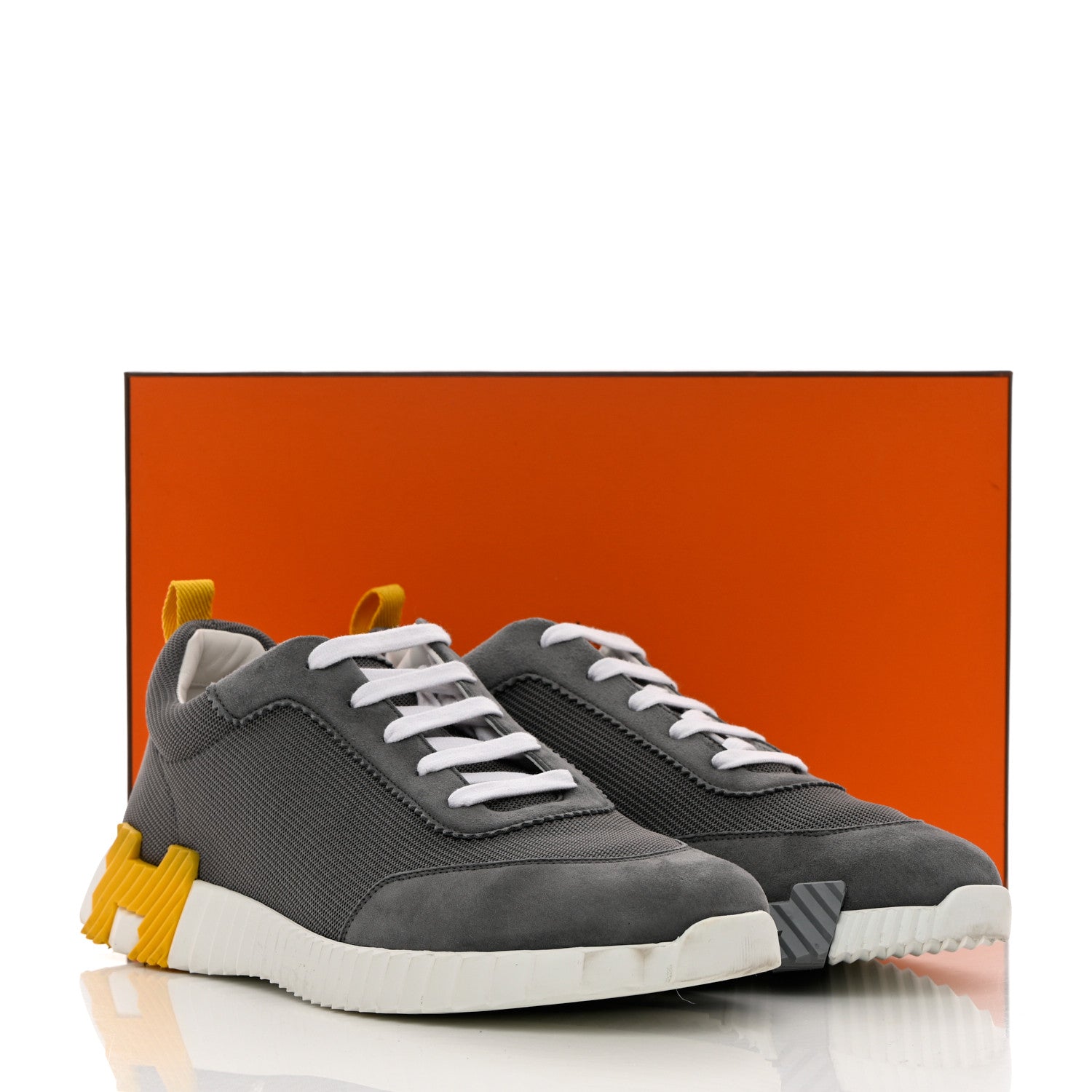 Hermes Technical Canvas Suede Goatskin Bouncing Sneakers 43 Gris Fume Jaune 13 of 13