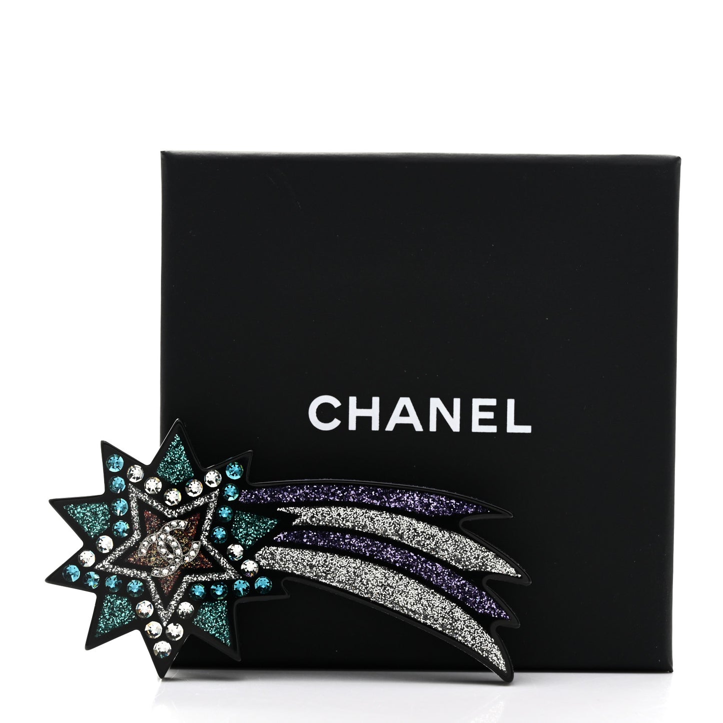 Glittered Resin Strass Shooting Star Brooch Black Purple Green