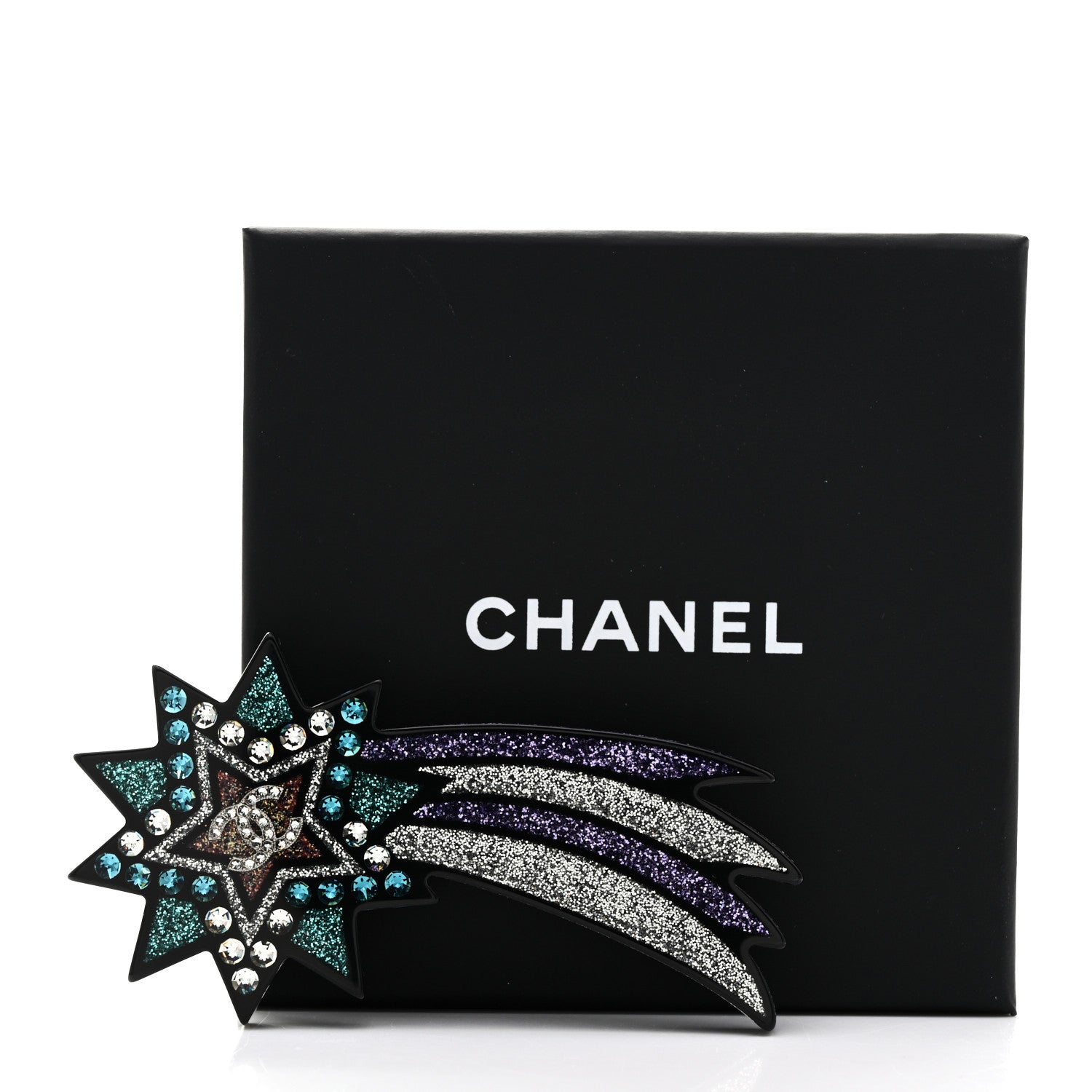 Chanel Glittered Resin Strass Shooting Star Brooch Black Purple Green 5 of 5