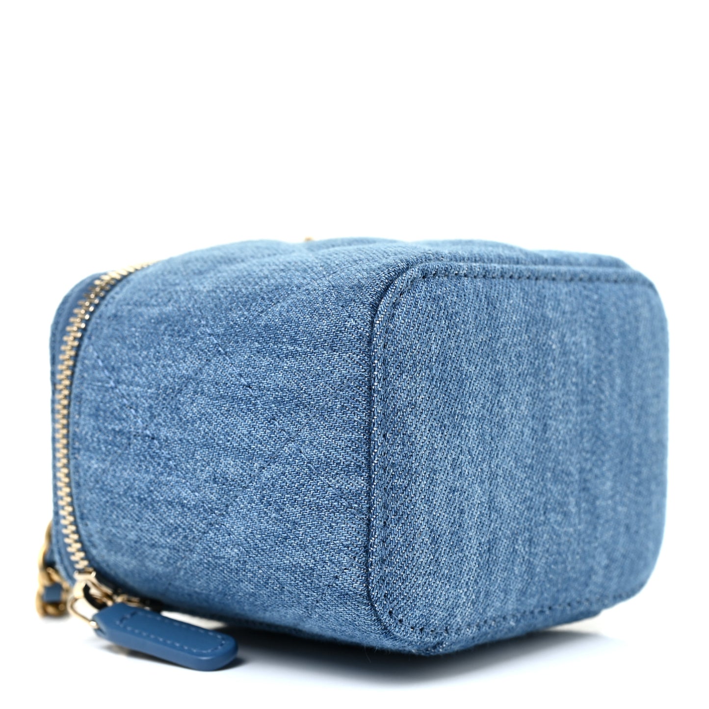 Denim Quilted Mini Pearl Crush Vanity Case With Chain