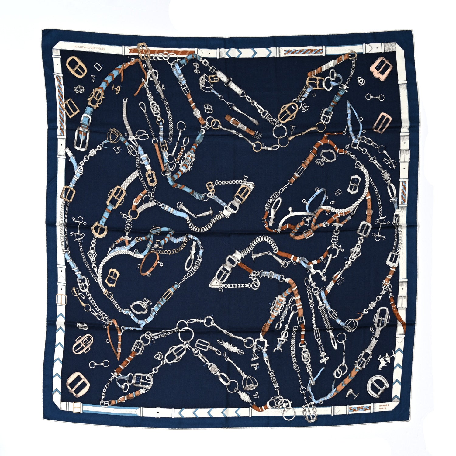 Hermes Cashmere Silk Chevaux Dechaines Shawl 140 Marine Fonce White Noisette 1 of 4