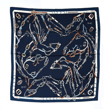 Hermes Cashmere Silk Chevaux Dechaines Shawl 140 Marine Fonce White Noisette 1 of 4