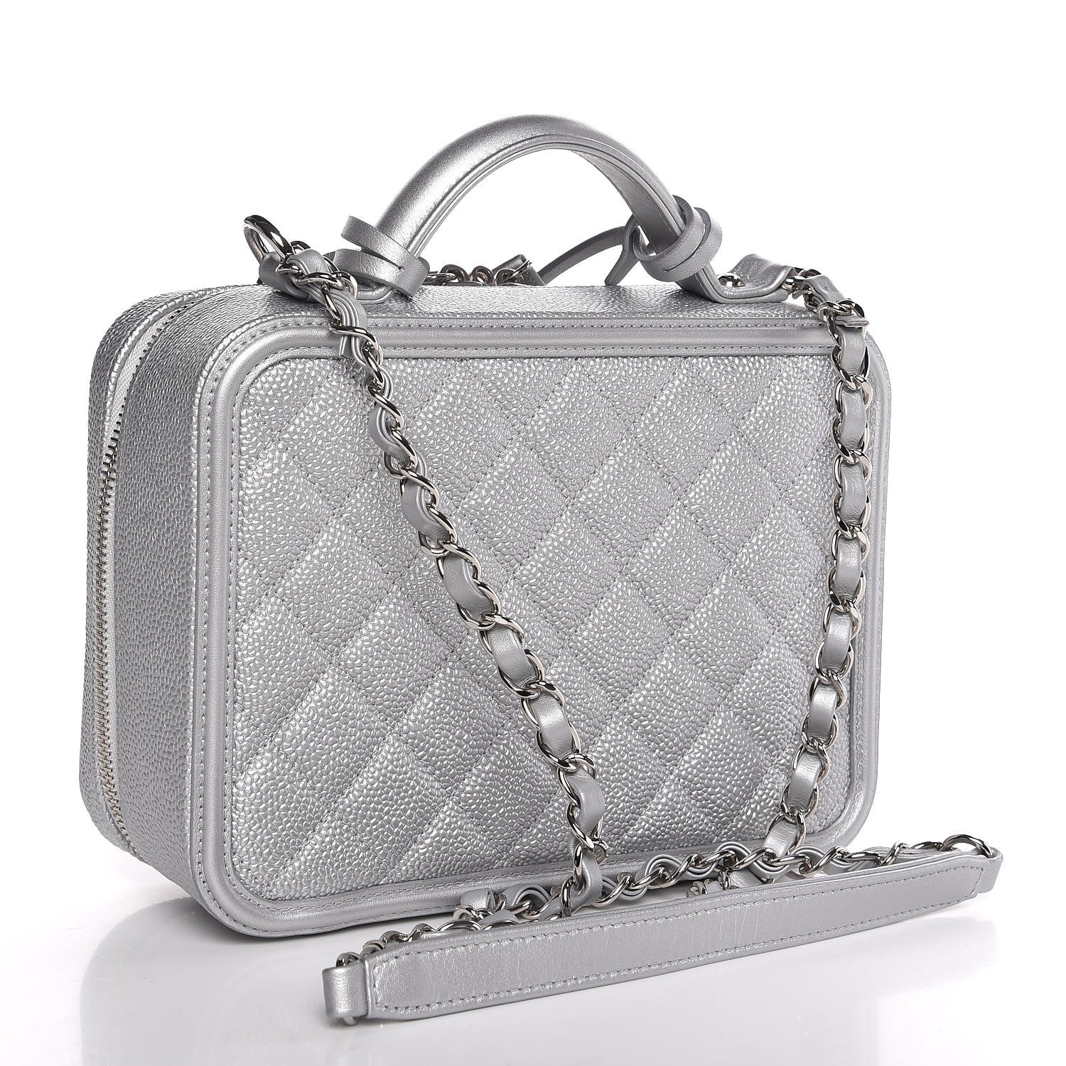 Chanel Metallic Caviar Quilted Medium CC Filigree Vanity Case Silver 3 of 8
