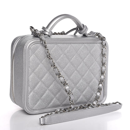 Chanel Metallic Caviar Quilted Medium CC Filigree Vanity Case Silver 3 of 8