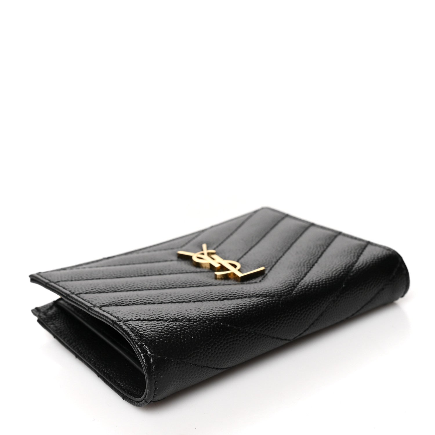 Saint Laurent Grain De Poudre Matelasse Chevron Monogram Zipped Card Case Black 4 of 7
