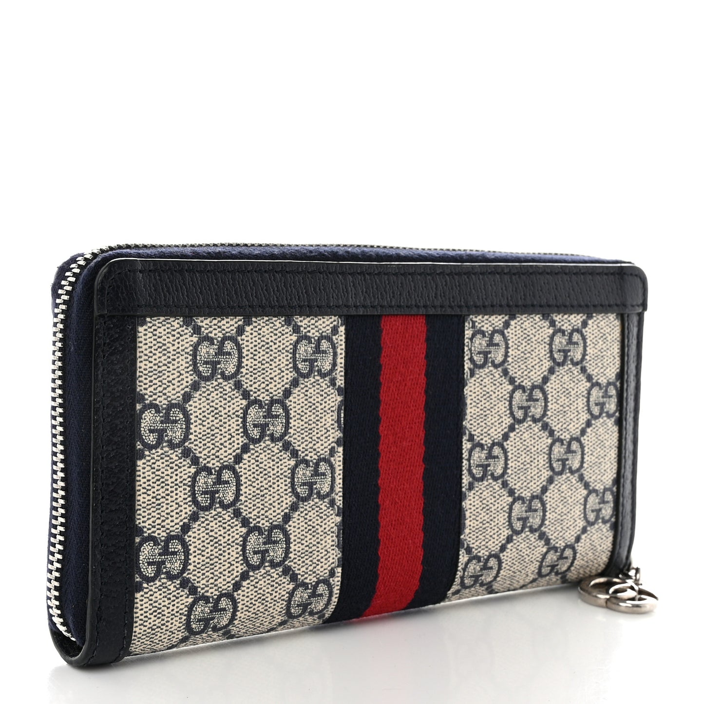 GG Supreme Monogram Textured Dollar Calfskin Web Ophidia Zip Around Wallet Beige Blue