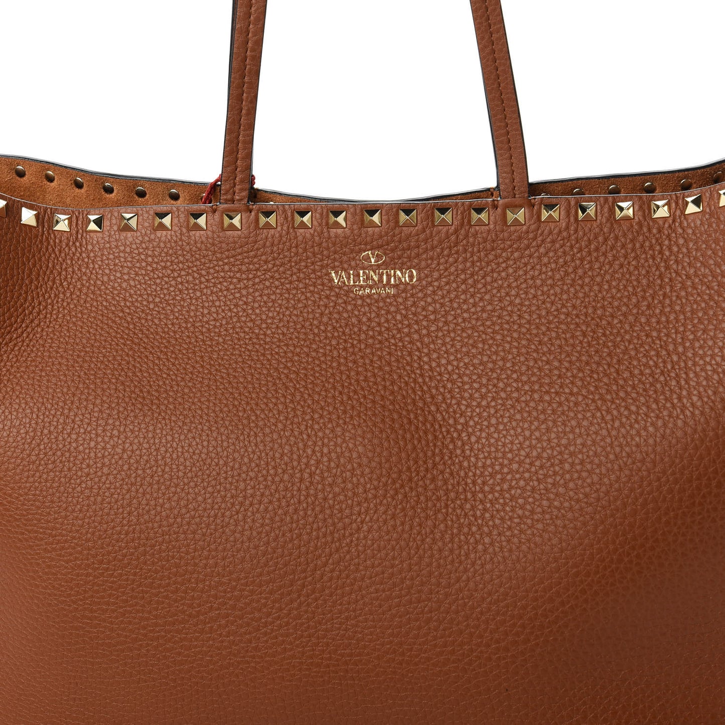 Grained Calfskin Rockstud Shoulder Tote Bright Cognac