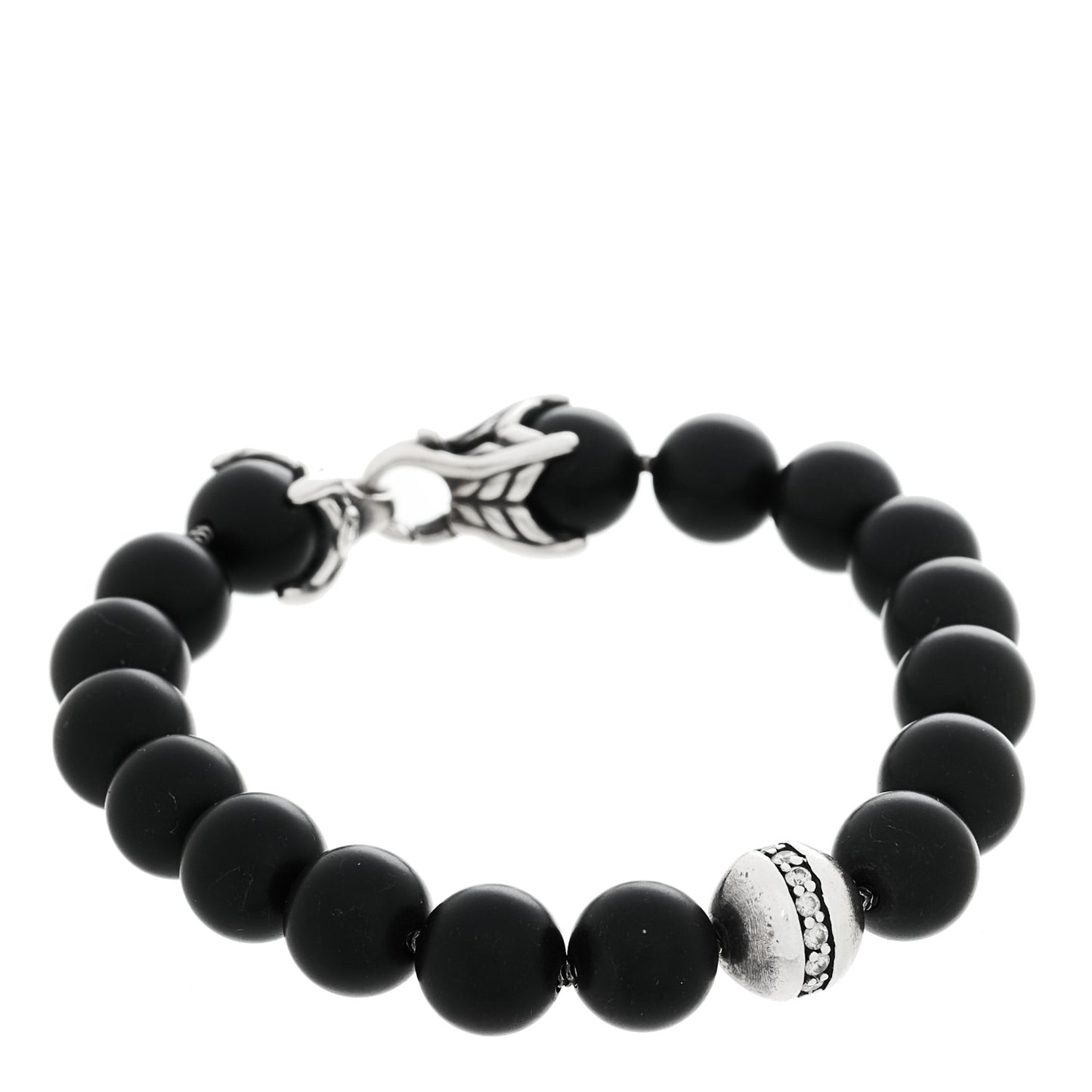 Sterling Silver Diamond Black Onyx 10mm Spiritual Beads Bracelet