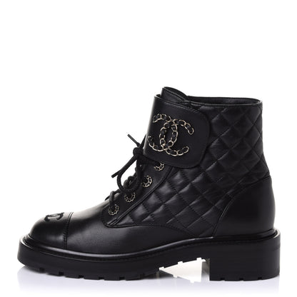 Chanel Shiny Lambskin Quilted Lace Up Combat Boots 39.5 Black 1 of 10