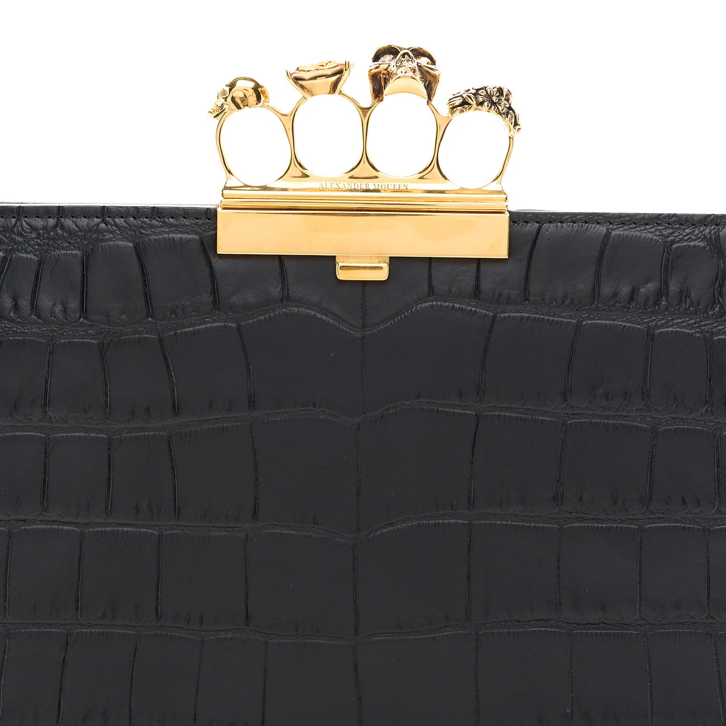 Calfskin Crocodile Embossed Knuckle Flat Clutch Black Gold