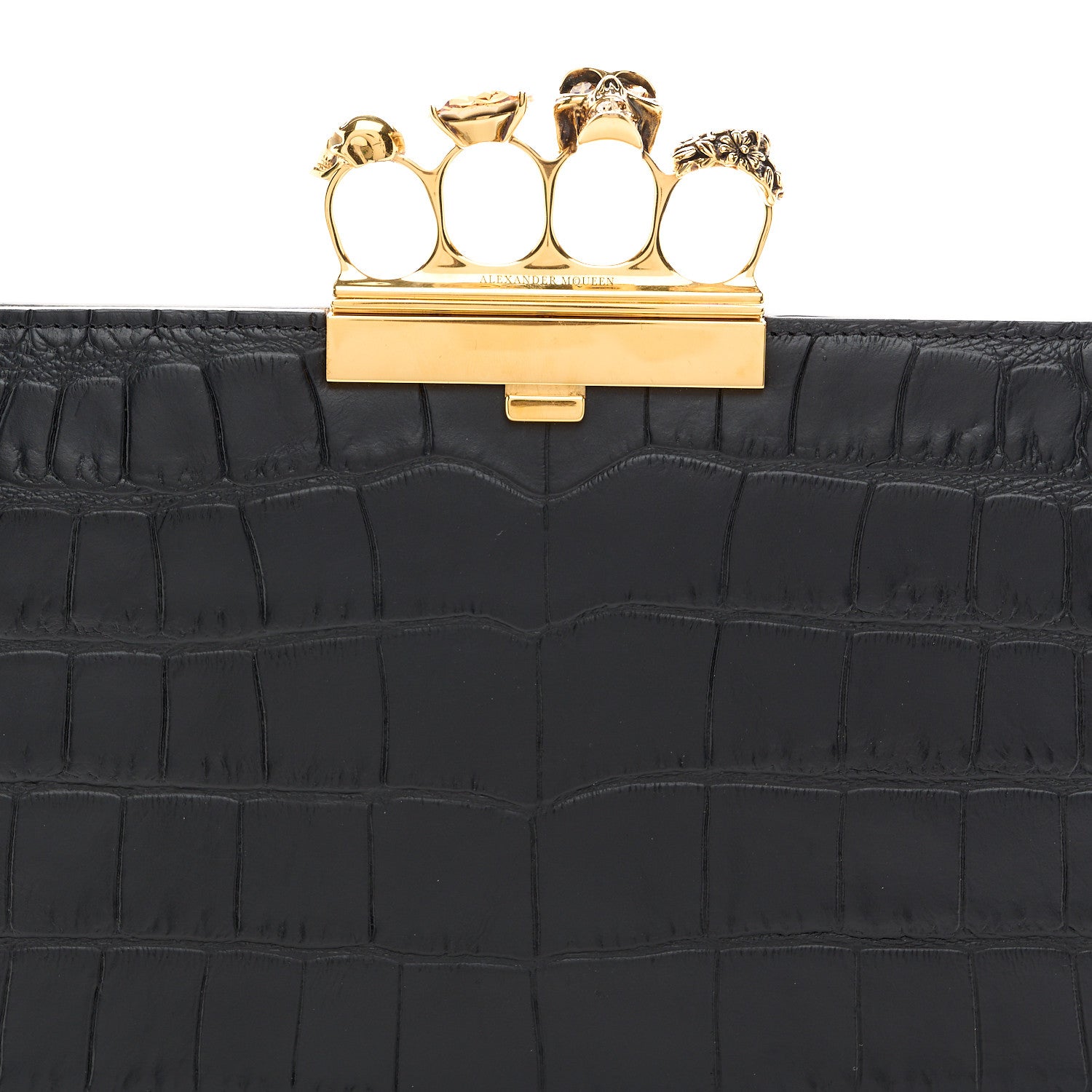 Alexander McQueen Calfskin Crocodile Embossed Knuckle Flat Clutch Black Gold 8 of 10