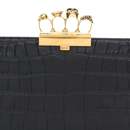 Alexander McQueen Calfskin Crocodile Embossed Knuckle Flat Clutch Black Gold 8 of 10