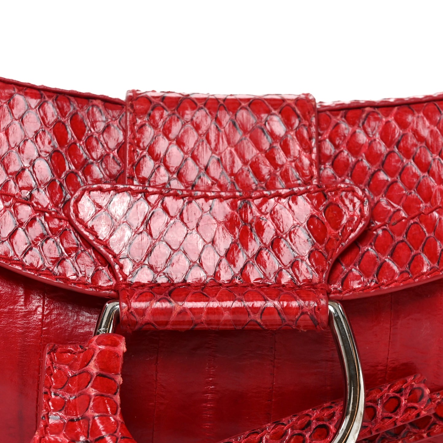 Snakeskin Eel O-Ring Baguette Shoulder Bag Red