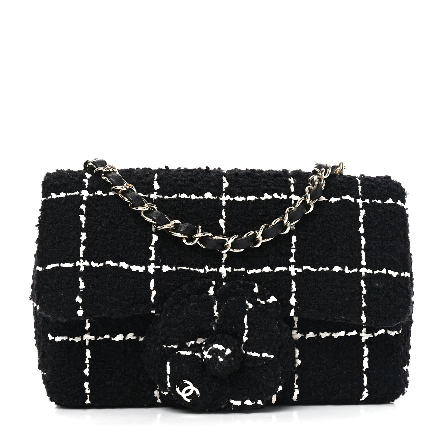 Tweed Quilted Mini Rectangular Camellia Flap Black White