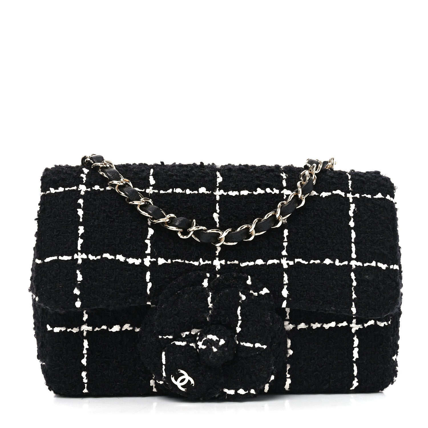 Chanel Tweed Quilted Mini Rectangular Camellia Flap Black White 1 of 10