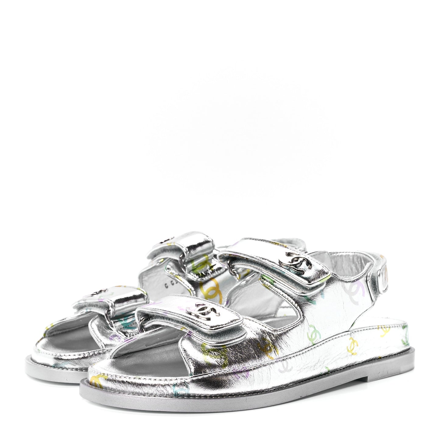 Laminated Lambskin Printed CC Dad Sandals 38 Silver Multicolor