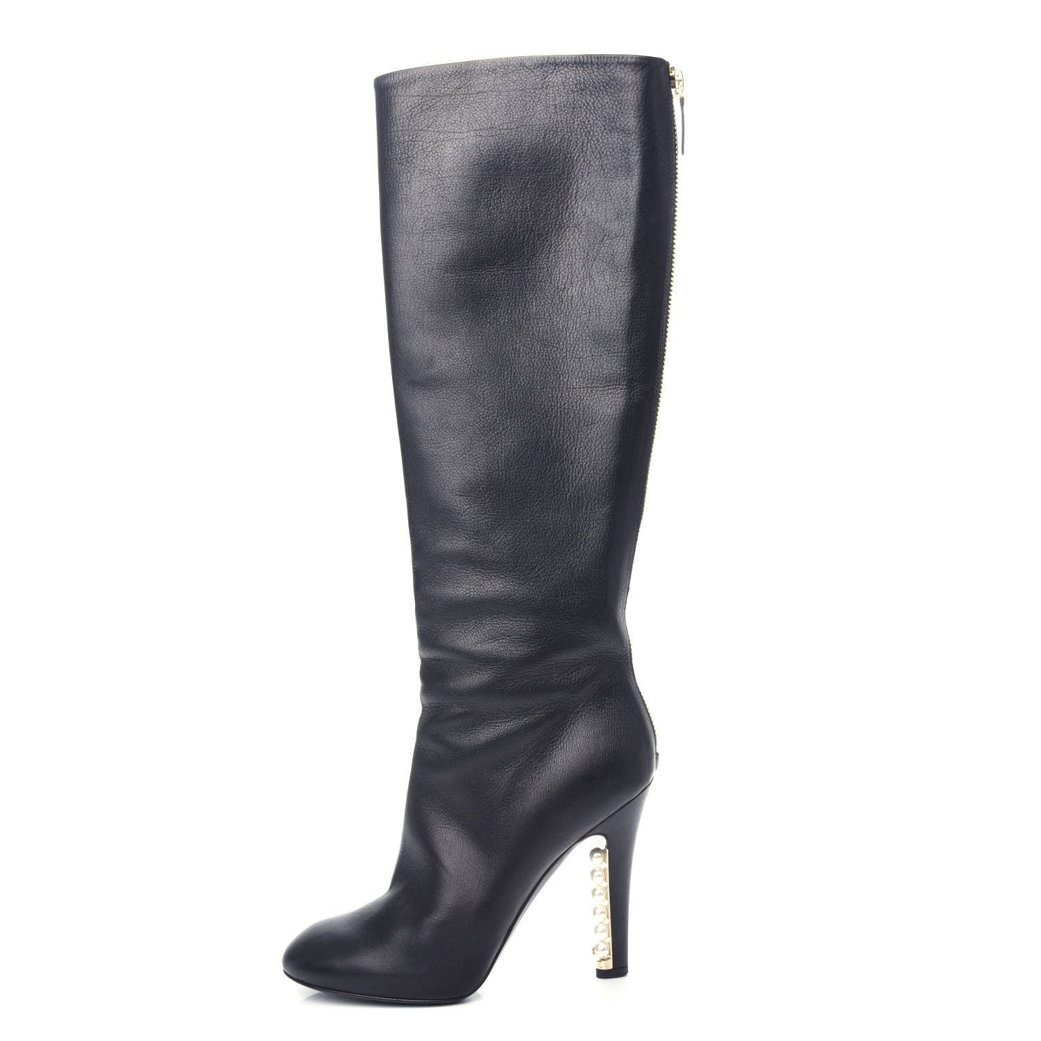 Chanel Calfskin Pearl Knee High Boots 37 Black 1 of 12