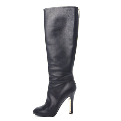 Chanel Calfskin Pearl Knee High Boots 37 Black 1 of 12