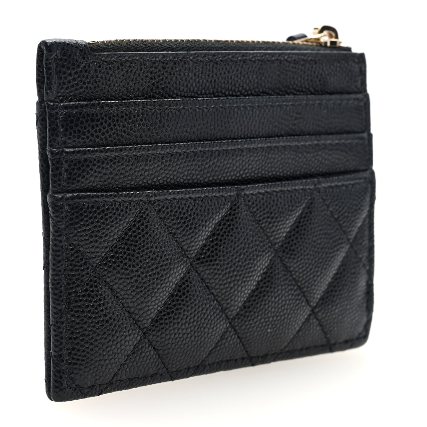 Caviar Quilted Crystal CC Logo Zip Card Holder Black