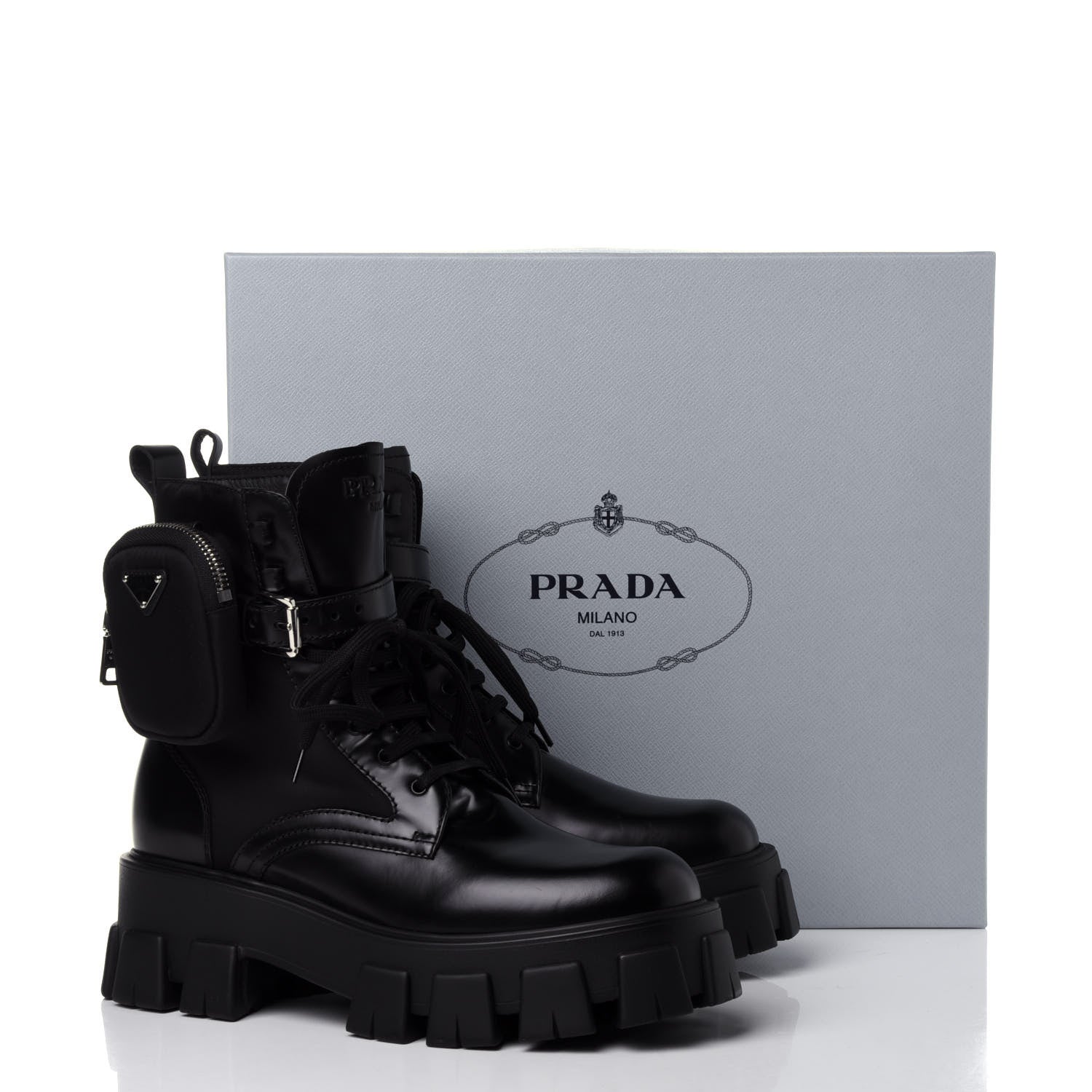 Prada Spazzolato Rois Nylon Metal Triangle Logo Monolith Pouch Pocket 55mm Boots 40 Black 11 of 11