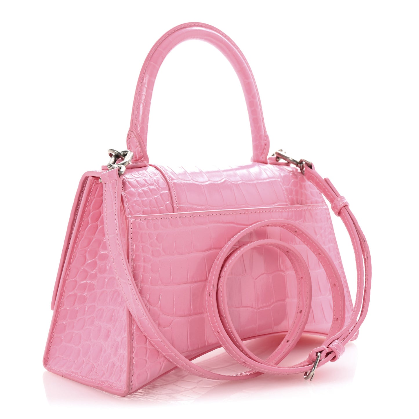 Shiny Calfskin Crocodile Embossed Small Hourglass Top Handle Bag Candy Pink